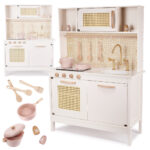 Bucatarie din lemn pentru copii 100x68x29 cm, cu accesorii si efecte luminoase, stil retro, MDF si plastic, boho, crem