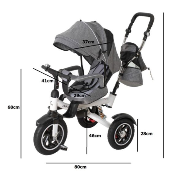 Tricicleta 3in1 105x52x94 cm, sezut rotativ 360°, roti fara aer, copertina reglabila, gri - imagine 11