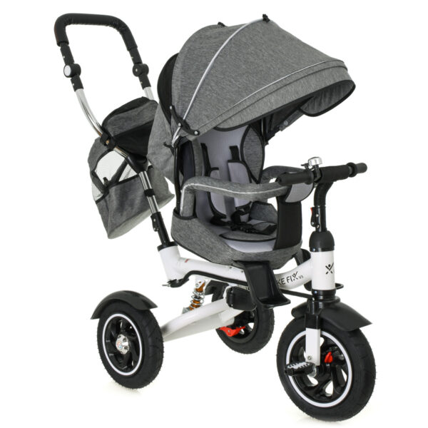 Tricicleta 3in1 105x52x94 cm, sezut rotativ 360°, roti fara aer, copertina reglabila, gri