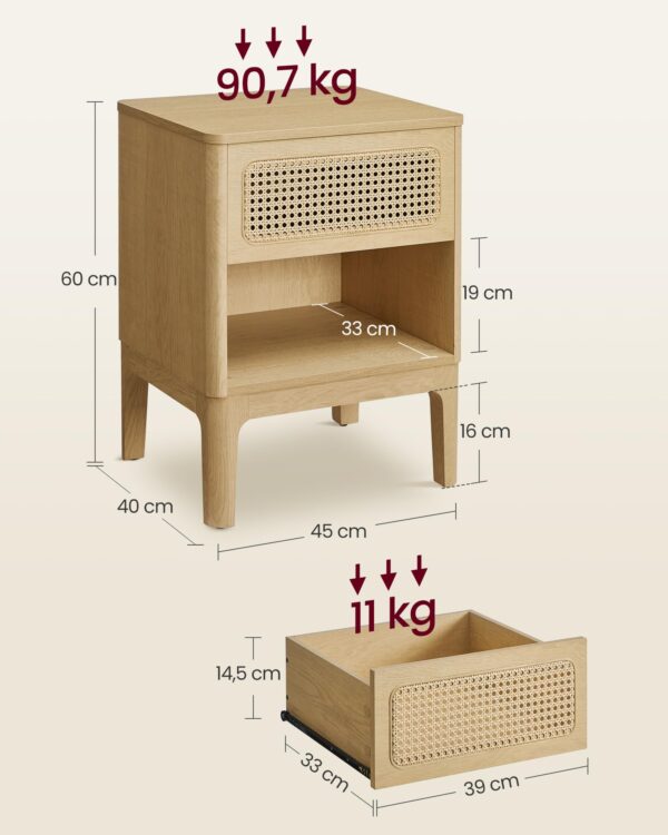 VASAGLE Noptiera 45x40x60 cm, cu sertar aspect ratan si raft, stil boho, PAL si MDF, natur - imagine 2
