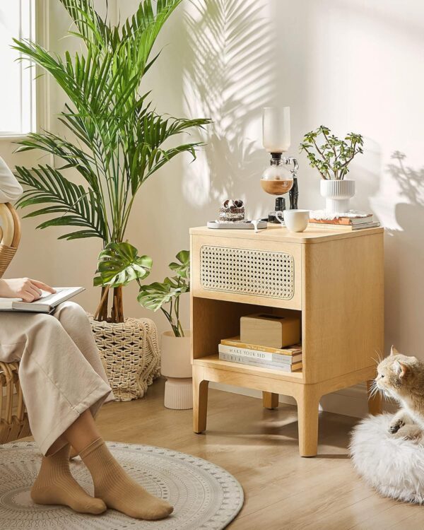 VASAGLE Noptiera 45x40x60 cm, cu sertar aspect ratan si raft, stil boho, PAL si MDF, natur - imagine 3