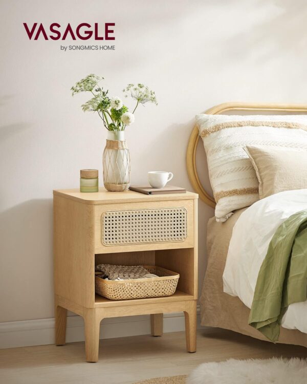 VASAGLE Noptiera 45x40x60 cm, cu sertar aspect ratan si raft, stil boho, PAL si MDF, natur - imagine 9