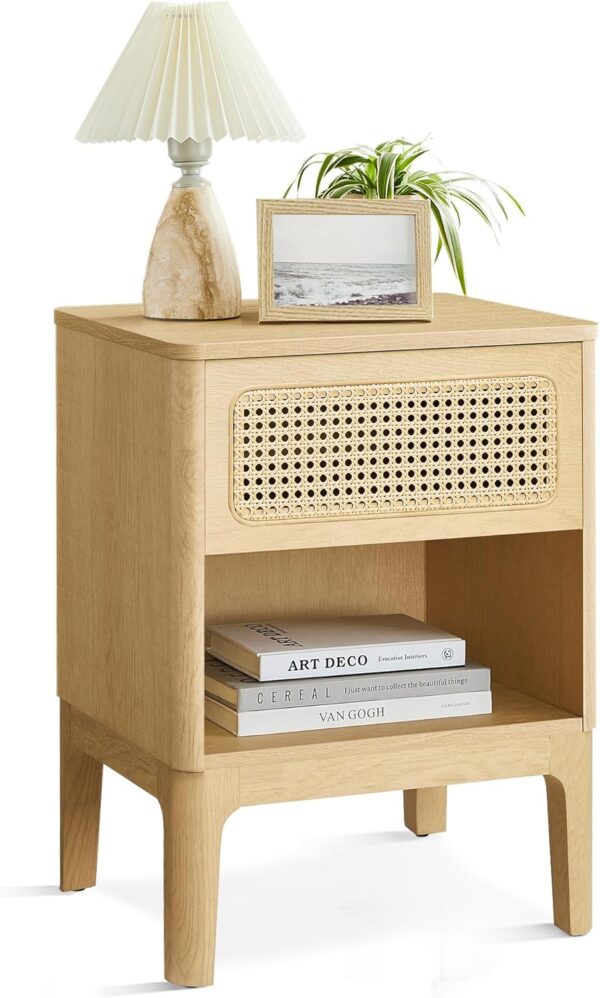 VASAGLE Noptiera 45x40x60 cm, cu sertar aspect ratan si raft, stil boho, PAL si MDF, natur - imagine 10