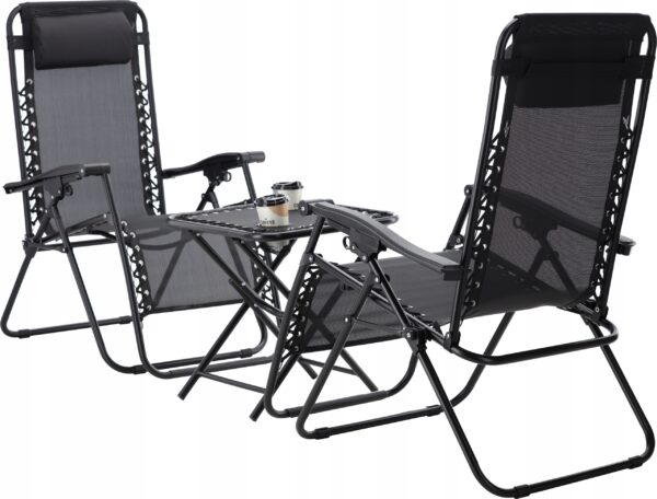 Set 2 sezlonguri pliabile 90x65x110 cm cu masuta 50x50x50 cm, textilene si cadru metalic, negru - imagine 10