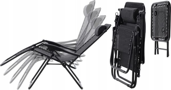 Set 2 sezlonguri pliabile 90x65x110 cm cu masuta 50x50x50 cm, textilene si cadru metalic, negru - imagine 2