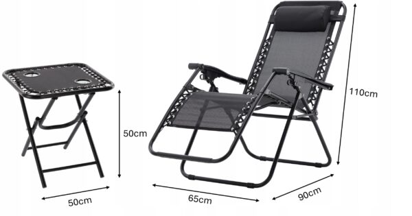 Set 2 sezlonguri pliabile 90x65x110 cm cu masuta 50x50x50 cm, textilene si cadru metalic, negru - imagine 5