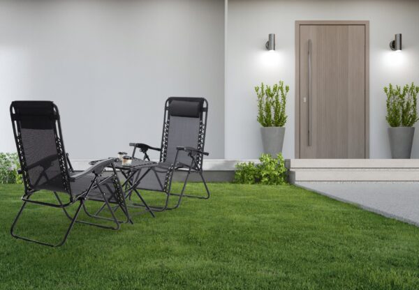 Set 2 sezlonguri pliabile 90x65x110 cm cu masuta 50x50x50 cm, textilene si cadru metalic, negru - imagine 6