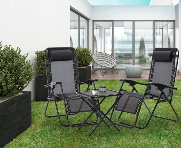 Set 2 sezlonguri pliabile 90x65x110 cm cu masuta 50x50x50 cm, textilene si cadru metalic, negru - imagine 7