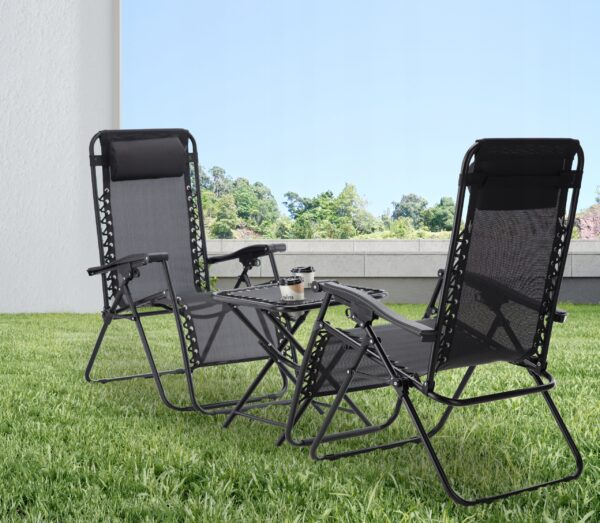 Set 2 sezlonguri pliabile 90x65x110 cm cu masuta 50x50x50 cm, textilene si cadru metalic, negru - imagine 8
