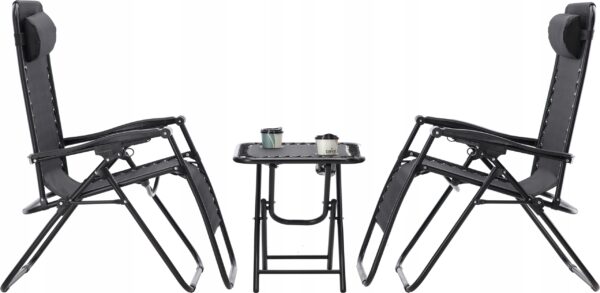 Set 2 sezlonguri pliabile 90x65x110 cm cu masuta 50x50x50 cm, textilene si cadru metalic, negru - imagine 9