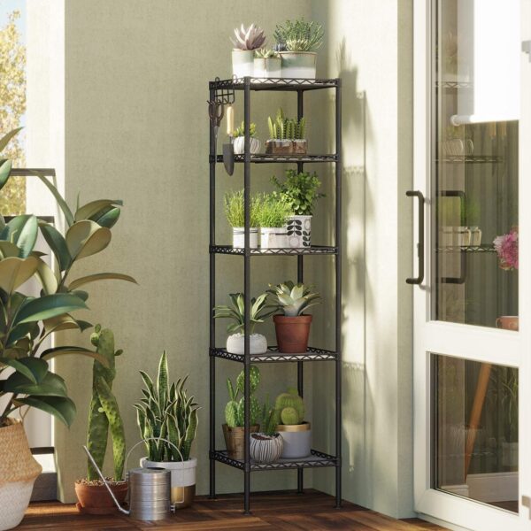 SONGMICS Raft metalic 30x30x124 cm, 5 niveluri, rafturi ajustabile si carlige incluse, structura otel si plastic, negru - imagine 4