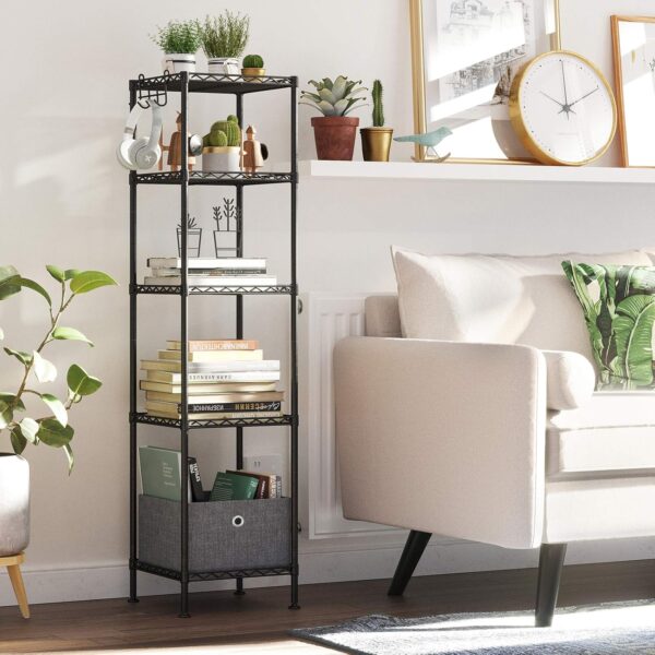 SONGMICS Raft metalic 30x30x124 cm, 5 niveluri, rafturi ajustabile si carlige incluse, structura otel si plastic, negru - imagine 5