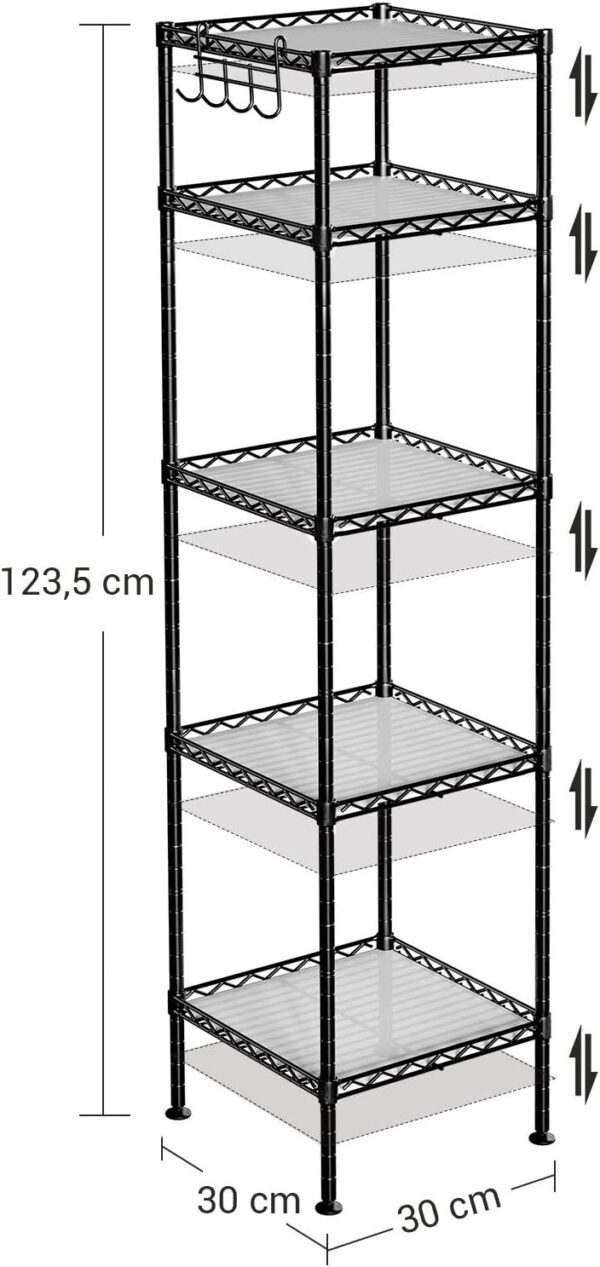 SONGMICS Raft metalic 30x30x124 cm, 5 niveluri, rafturi ajustabile si carlige incluse, structura otel si plastic, negru - imagine 6