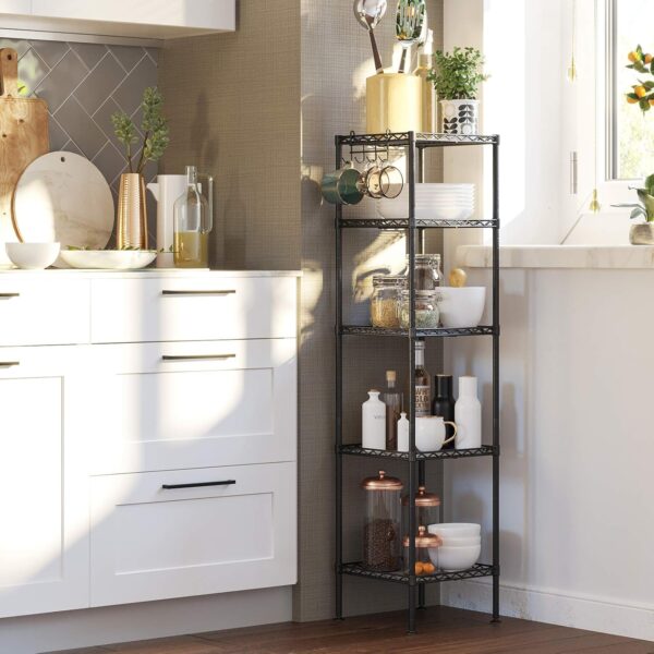SONGMICS Raft metalic 30x30x124 cm, 5 niveluri, rafturi ajustabile si carlige incluse, structura otel si plastic, negru - imagine 7