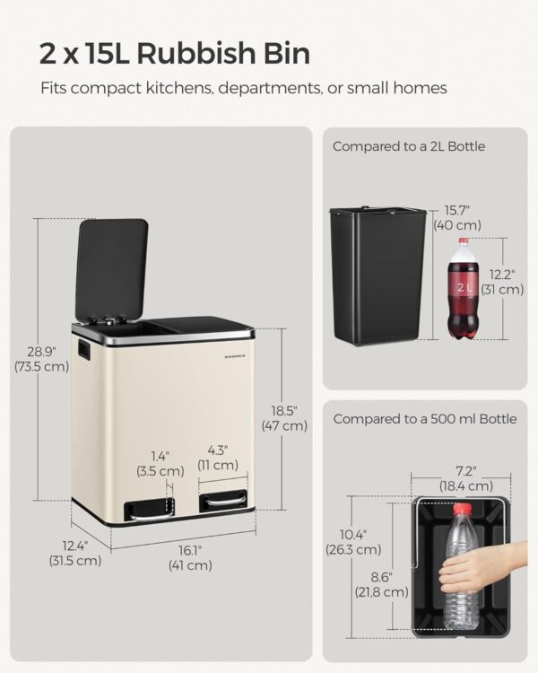 SONGMICS Cos de gunoi dublu 41x32x47 cm, 2x15L, pedale separate, capac soft-close si galeata detasabila, bej si negru - imagine 3