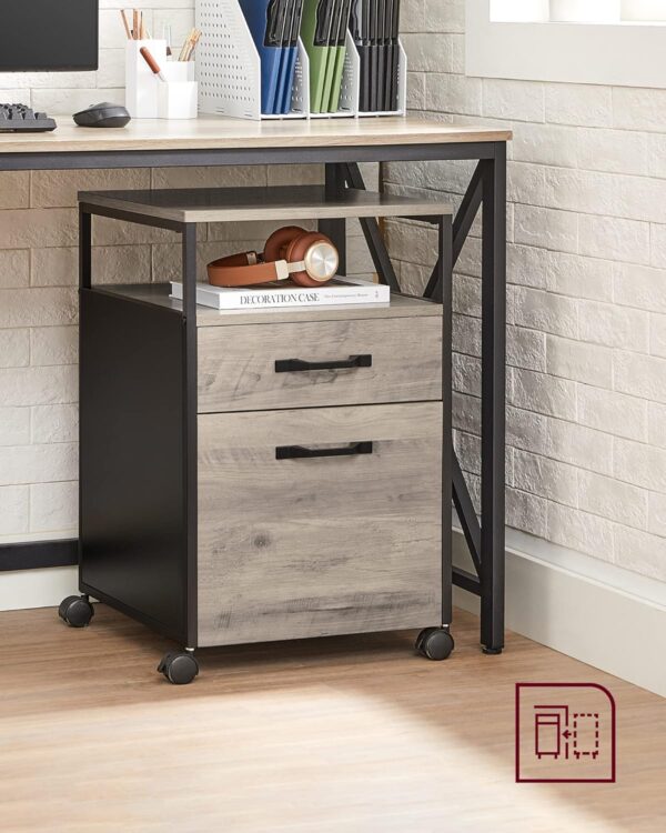 VASAGLE Dulap mobil 42x44x69 cm, cu 2 sertare si roti cu frana, compartiment deschis si suport dosare, PAL si otel, gri si negru - imagine 3