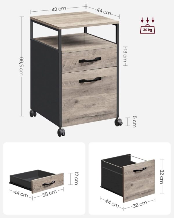 VASAGLE Dulap mobil 42x44x69 cm, cu 2 sertare si roti cu frana, compartiment deschis si suport dosare, PAL si otel, gri si negru - imagine 8