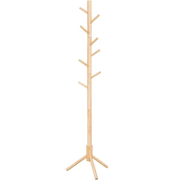 VASAGLE Cuier lemn masiv 47x47x175 cm, 8 carlige si inaltime reglabila, baza triunghiulara, natur