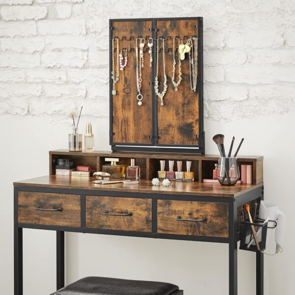 VASAGLE Masuta toaleta 90x40x141 cm, cu 3 sertare, oglinda tripla si taburet, lemn si otel, maro rustic si negru - imagine 3