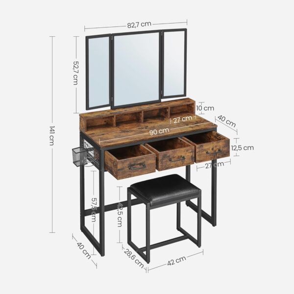 VASAGLE Masuta toaleta 90x40x141 cm, cu 3 sertare, oglinda tripla si taburet, lemn si otel, maro rustic si negru - imagine 4