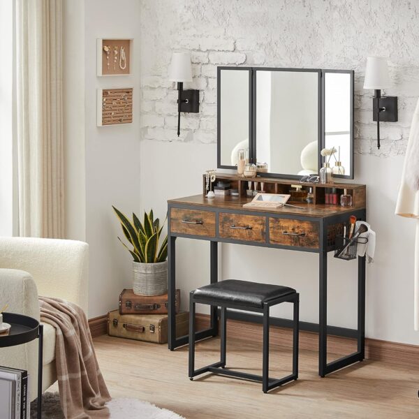 VASAGLE Masuta toaleta 90x40x141 cm, cu 3 sertare, oglinda tripla si taburet, lemn si otel, maro rustic si negru - imagine 7