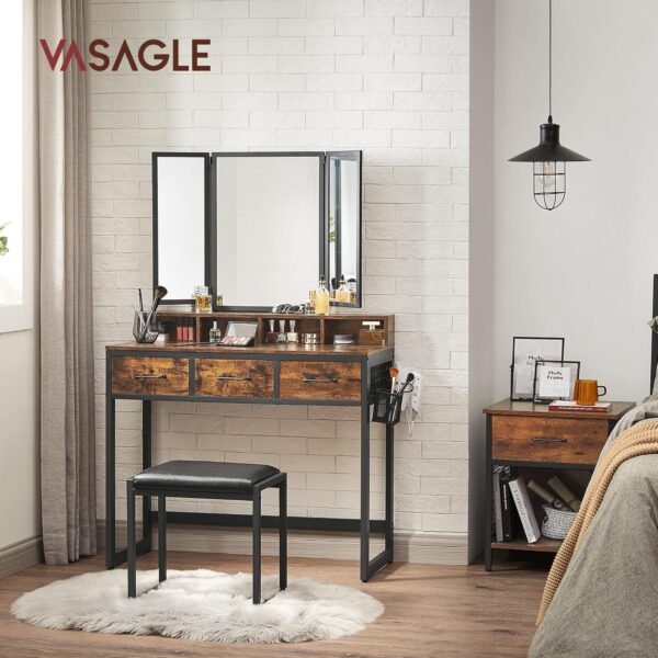VASAGLE Masuta toaleta 90x40x141 cm, cu 3 sertare, oglinda tripla si taburet, lemn si otel, maro rustic si negru - imagine 8