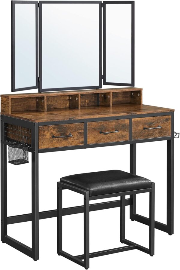 VASAGLE Masuta toaleta 90x40x141 cm, cu 3 sertare, oglinda tripla si taburet, lemn si otel, maro rustic si negru - imagine 9