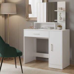 Masa de toaleta cu oglinda, sertar, dulap si rafturi, 90x38x138 cm, alb