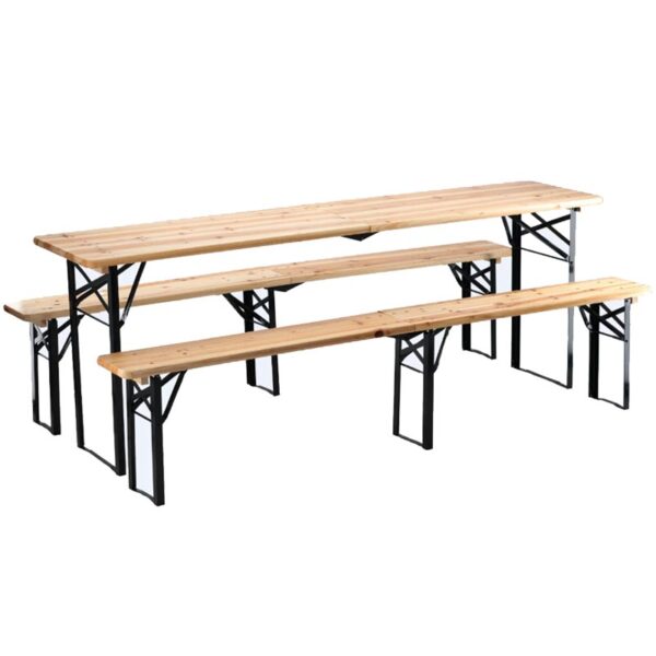 Set berarie din lemn masiv, plabil, pentru terasa sau gradina, o masa si doua banci, 220x50 cm, natur