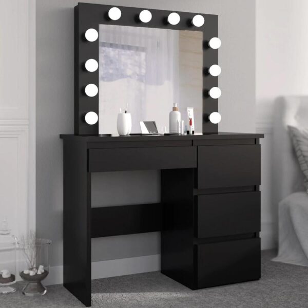 Masa de toaleta si machiaj Hollywood cu oglinda LED si 4 sertare, 94x43x140 cm, negru