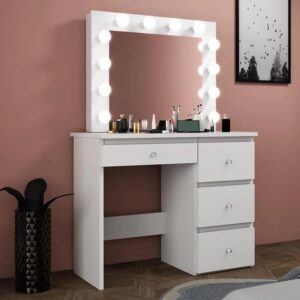 Masa de toaleta si machiaj Madlen cu oglinda LED si 4 sertare, 94x43x140 cm, alb