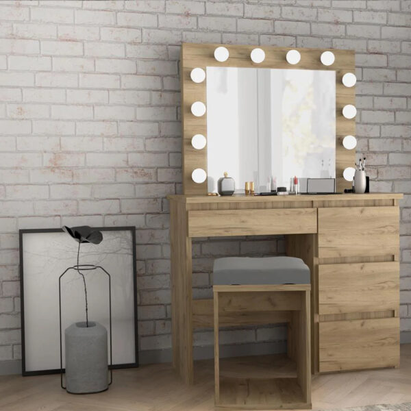 Masa de toaleta si machiaj Hollywood cu oglinda LED si 4 sertare, 94x43x140 cm, craft - imagine 3