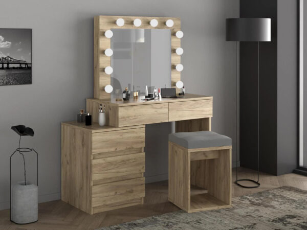 Masa de toaleta si machiaj Adele cu 5 sertare si oglinda 12 LED, 113x47x142 cm, craft - imagine 2