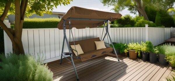 Leagan gradina 3 locuri 170x118x153 cm, cu perne, baldachin reglabil si masute laterale, structura otel, maro - imagine 2