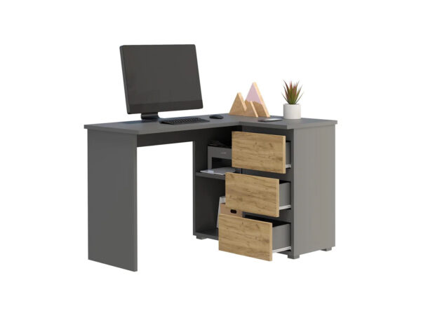 Birou colt Norge cu 3 sertare si 2 rafturi, 124x89x75 cm, antracit si craft - imagine 2