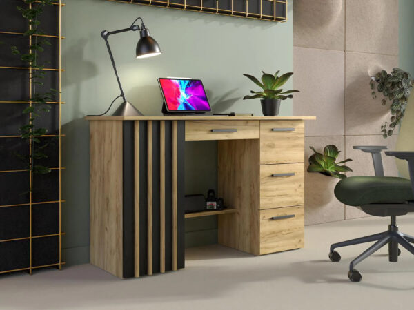 Birou Montana B120 cu 4 sertare si 1 usa, 120x45x76 cm, stejar craft si negru - imagine 2
