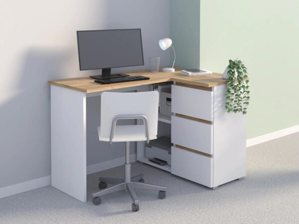 Birou colt Norge cu 3 sertare si 2 rafturi, 124x89x75 cm, alb si stejar - imagine 2
