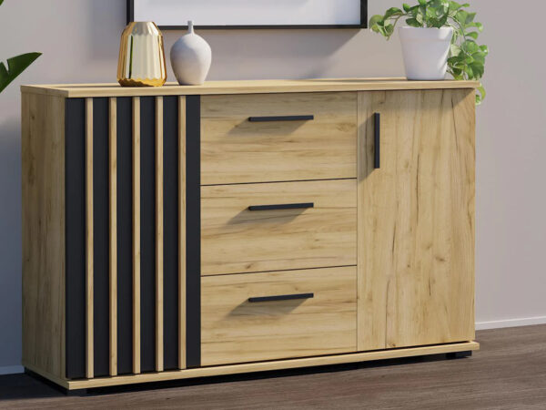 Comoda moderna cu 3 sertare si 2 usi, 140x38x80 cm, finisaj negru craft - imagine 2