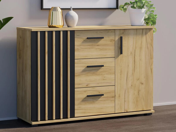 Comoda Montana 120 cu 2 usi si 3 sertare, 120x37x80 cm, craft si negru - imagine 2