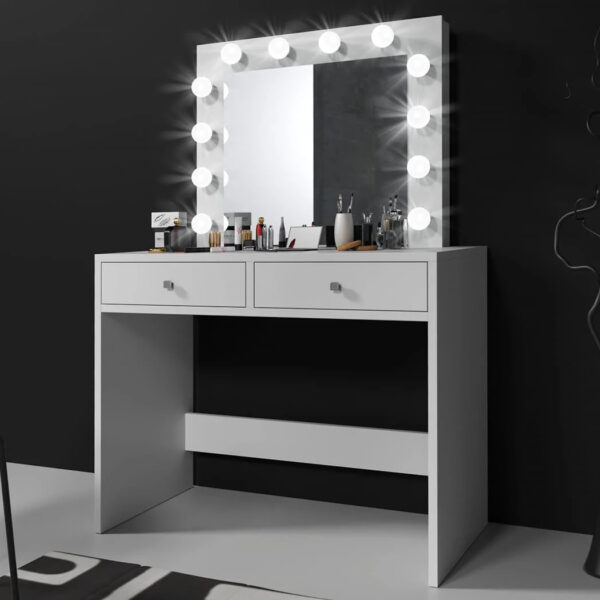 Masa de toaleta si machiaj Mega 12 LED, 100x50x144 cm, cu oglinda iluminata si 2 sertare, alb - imagine 6