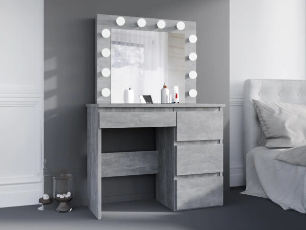 Masa de toaleta si machiaj Hollywood cu oglinda LED si 4 sertare, 94x43x140 cm, gri beton - imagine 2
