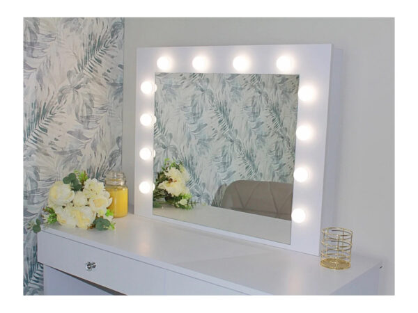Masa de toaleta si machiaj Cristal 12 LED cu oglinda si 5 sertare, 110x47x77 cm, alb - imagine 2