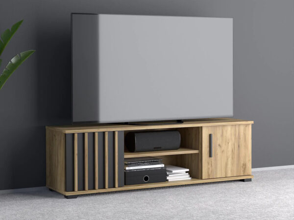 Comoda TV moderna 140x37 cm cu 2 usi si rafturi, finisaj craft cu negru - imagine 2
