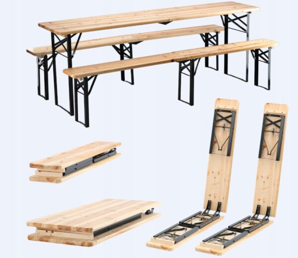 Set berarie din lemn masiv, plabil, pentru terasa sau gradina, o masa si doua banci, 220x50 cm, natur - imagine 2