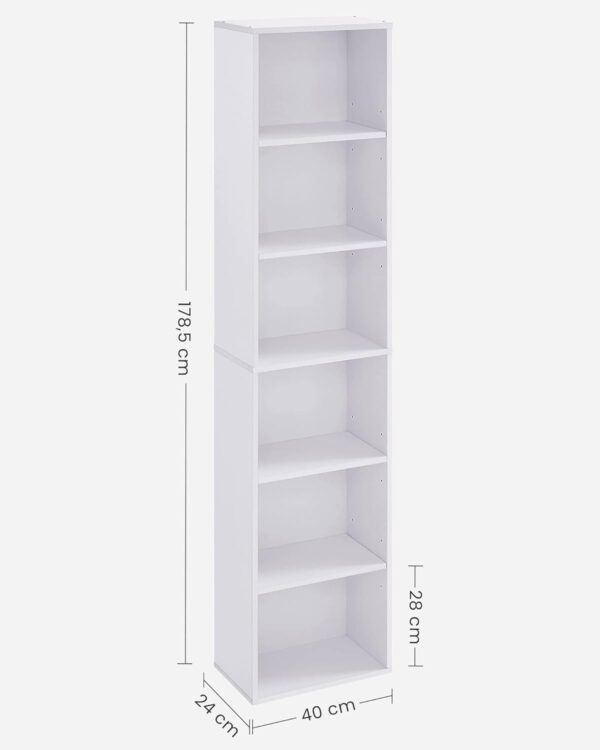 VASAGLE Biblioteca verticala 40x24x179 cm, 6 rafturi din care 4 reglabile, PAL alb mat - imagine 10