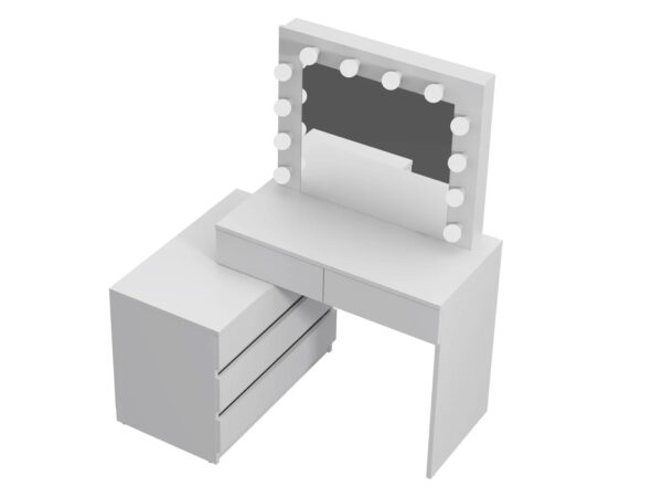 Masa de toaleta si machiaj colt Carla cu oglinda 12 LED si comoda 5 sertare, montaj stanga/dreapta, alb - imagine 10