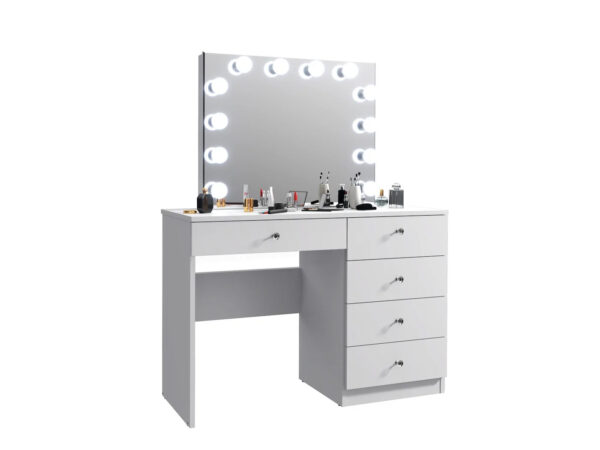 Masa de toaleta si machiaj Cristal Full cu oglinda LED si 5 sertare, 110x47x77 cm, alb - imagine 10