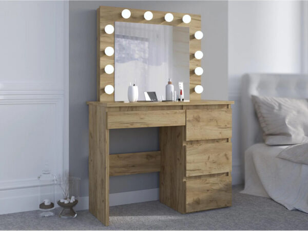 Masa de toaleta si machiaj Hollywood cu oglinda LED si 4 sertare, 94x43x140 cm, craft - imagine 11
