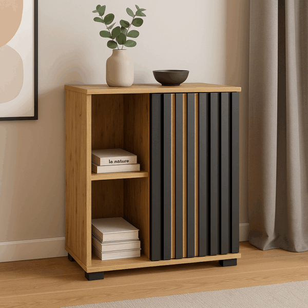 Comoda Montana 60 1D cu usa si 2 rafturi, 60x37x80 cm, craft si negru - imagine 4