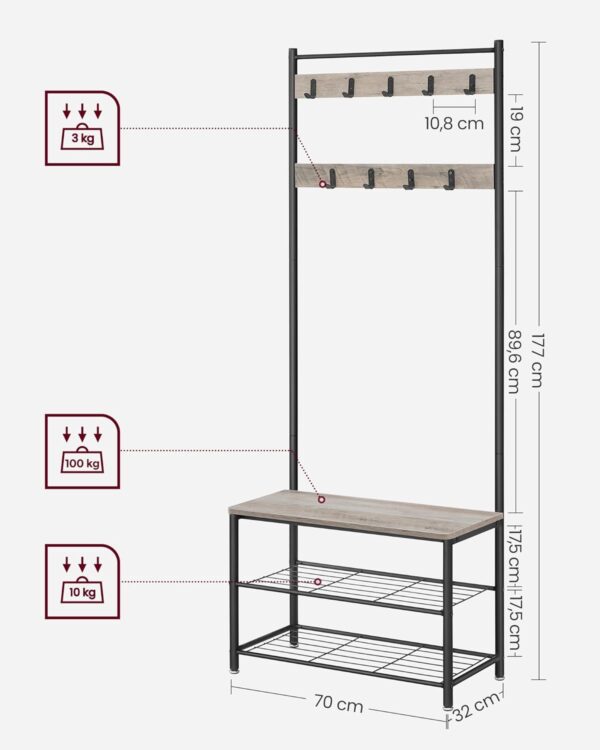 VASAGLE Cuier multifunctional 70x32x175 cm, cu 9 carlige, banca si 2 rafturi pantofi, PAL si otel, gri si negru - imagine 4